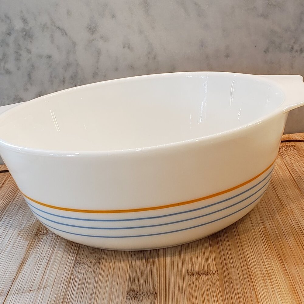 Pyrex England Blue and Orange Stripe Baking Dish, Striped Bowl